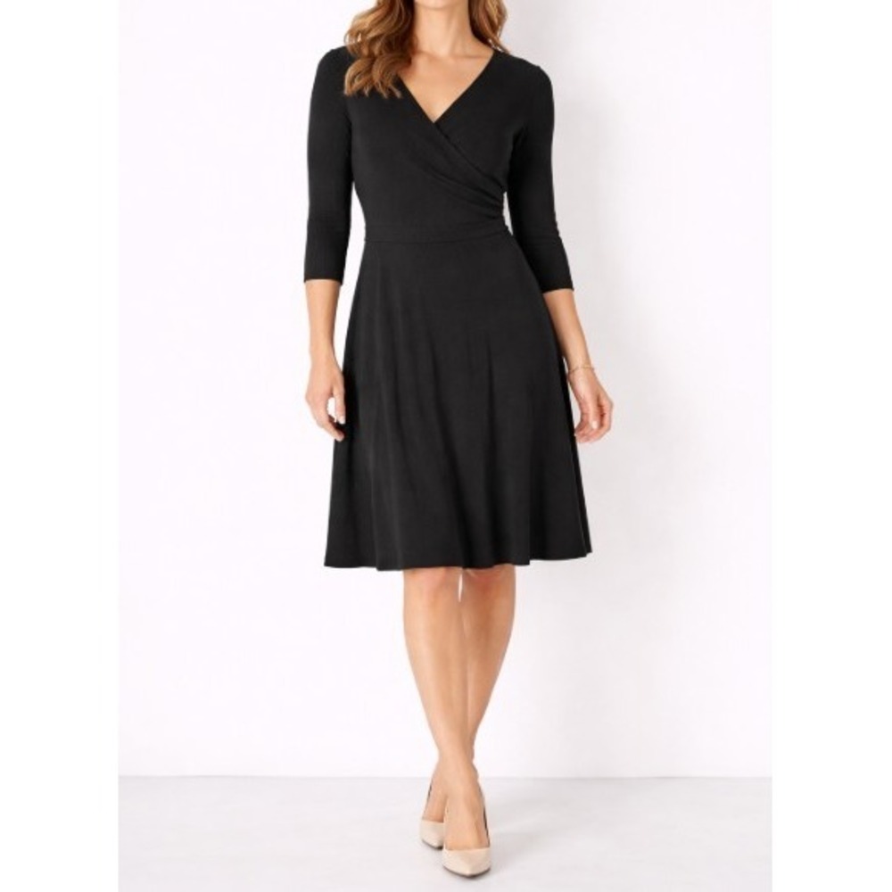 Garnet Hill Brianna Faux Wrap Knit Dress Womens Size M Black Surplice Feminine